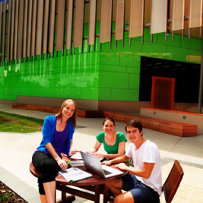 University of Queensland medical students (L to R) Kobi Haworth, Rebecca Adams and Andrew Taylor outside the Auditorium prepare for this year's Ipswich Campus Open Day.